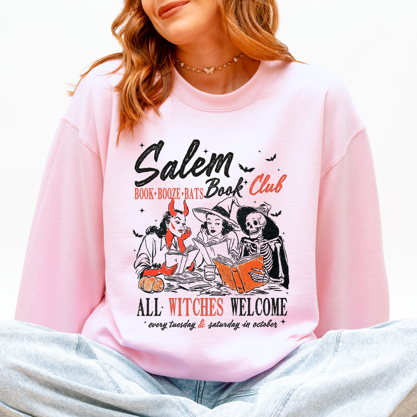 Salem Book Club, All Witches Welcome, Bookish, Booktok, Classic, Vintage, Halloween, Reading, Books, Trending Graphic Sweatshirt