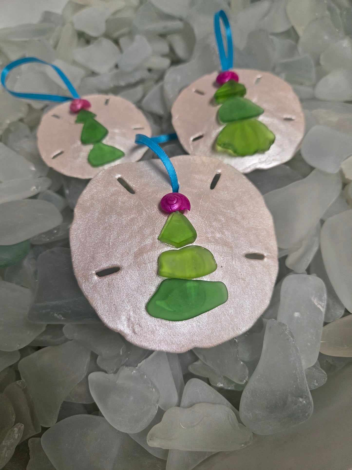 Christmas Ornament - Coastal Sand Dollar with Sea Glass Tree Handmade