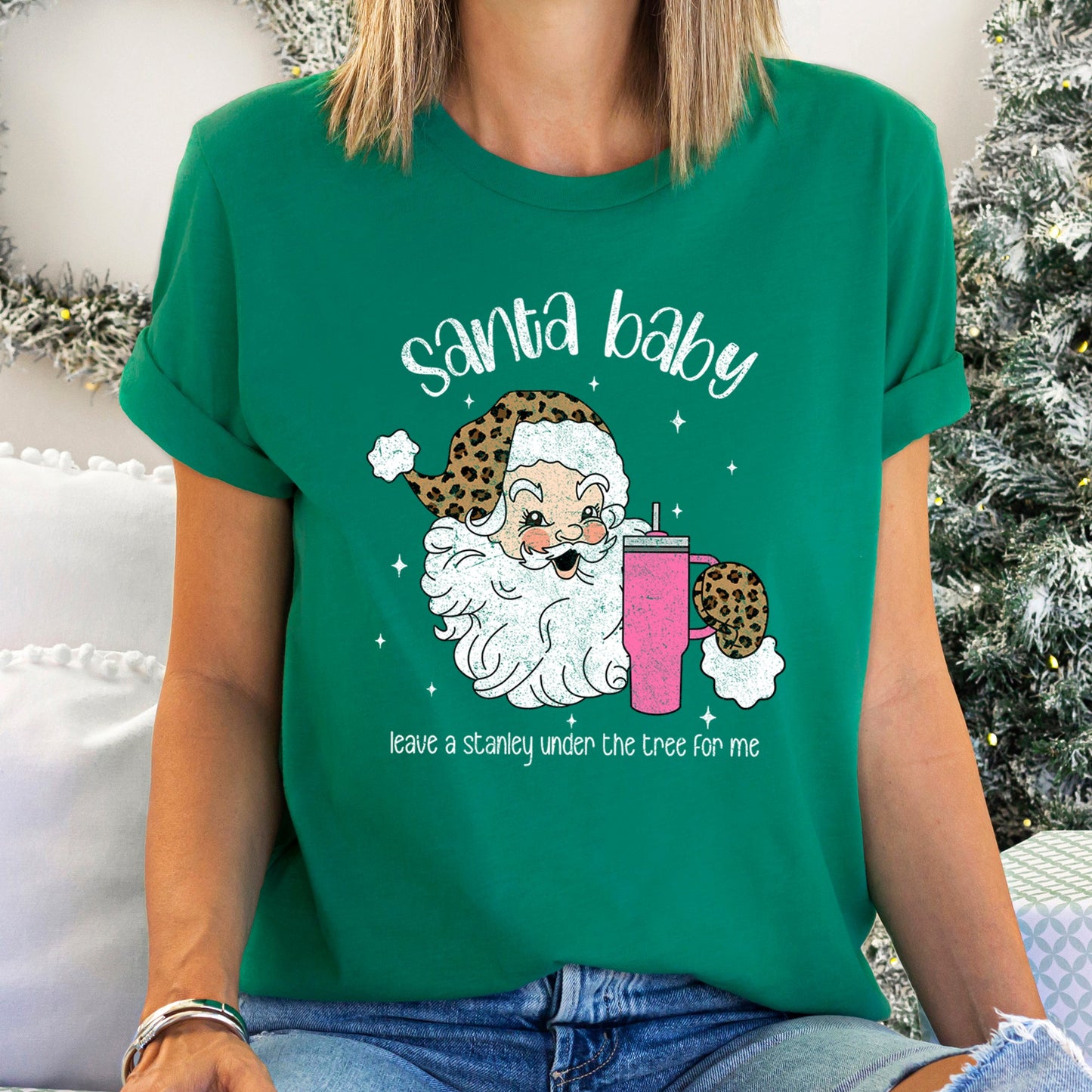 Santa Baby, Stanley, Retro, Christmas, Leopard Print Super Soft Tees