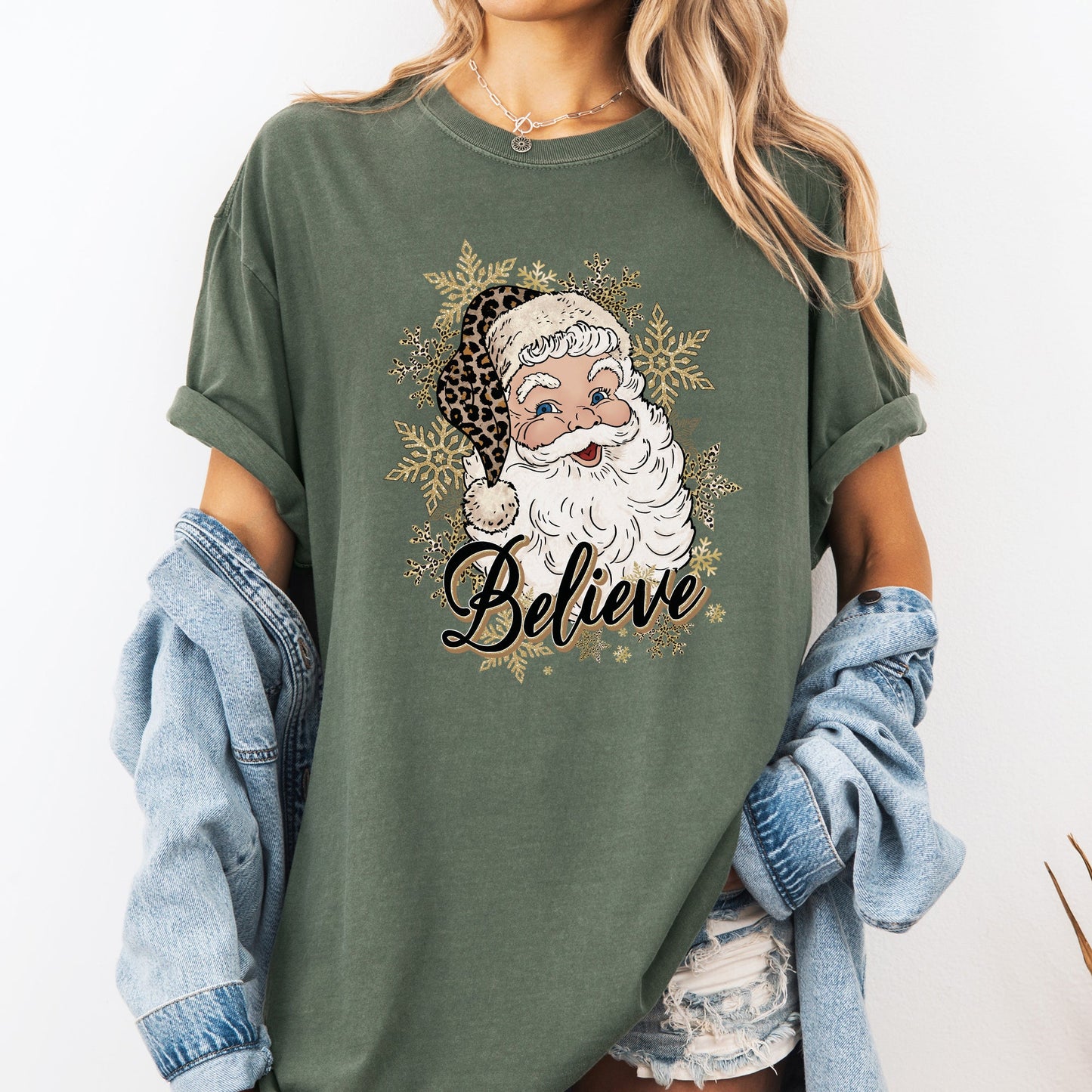 Santa Believe, Retro, Snowflakes, Christmas, Winter, Snow, Xmas Tshirt Comfort Colors T-Shirt