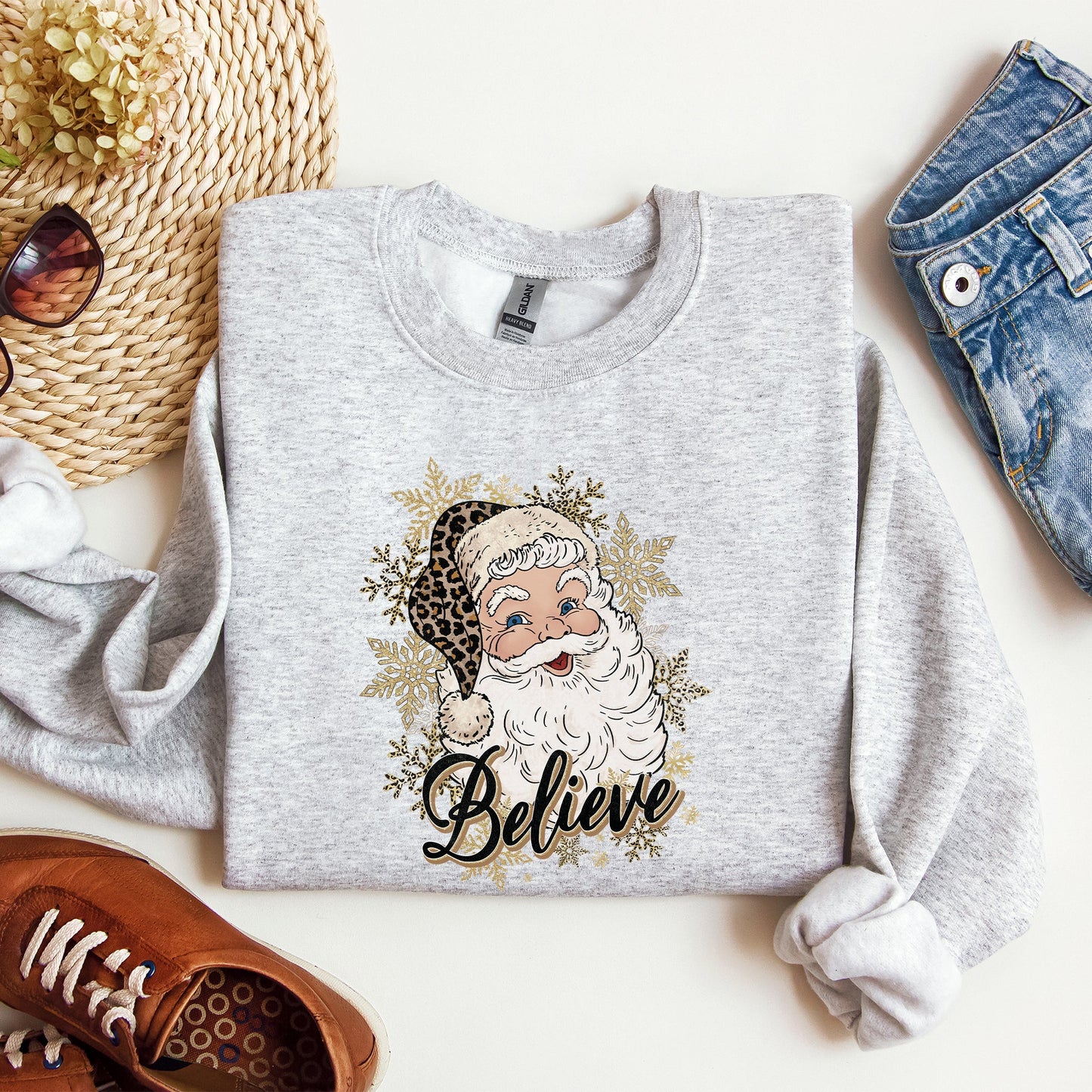 Santa Believe, Retro, Snowflakes, Christmas, Winter, Snow, Xmas Sweatshirt
