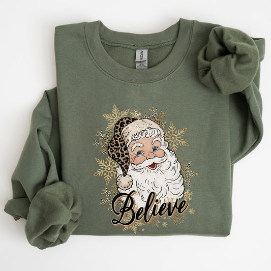 Santa Believe, Retro, Snowflakes, Christmas, Winter, Snow, Xmas Sweatshirt