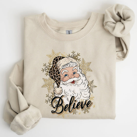 Santa Believe, Retro, Snowflakes, Christmas, Winter, Snow, Xmas Sweatshirt