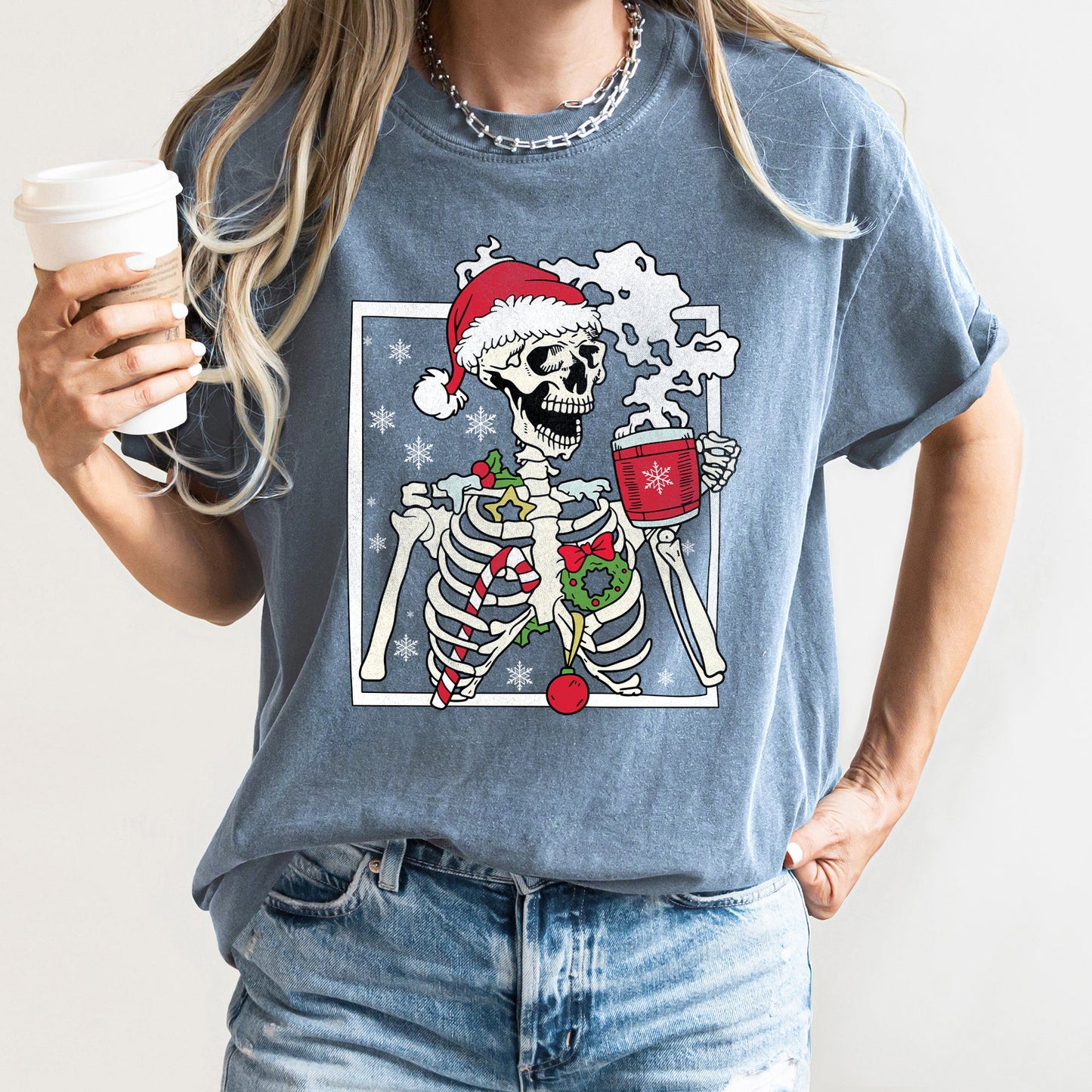 Santa Skeleton Coffee, Retro, Christmas, Comfort Colors Tshirt
