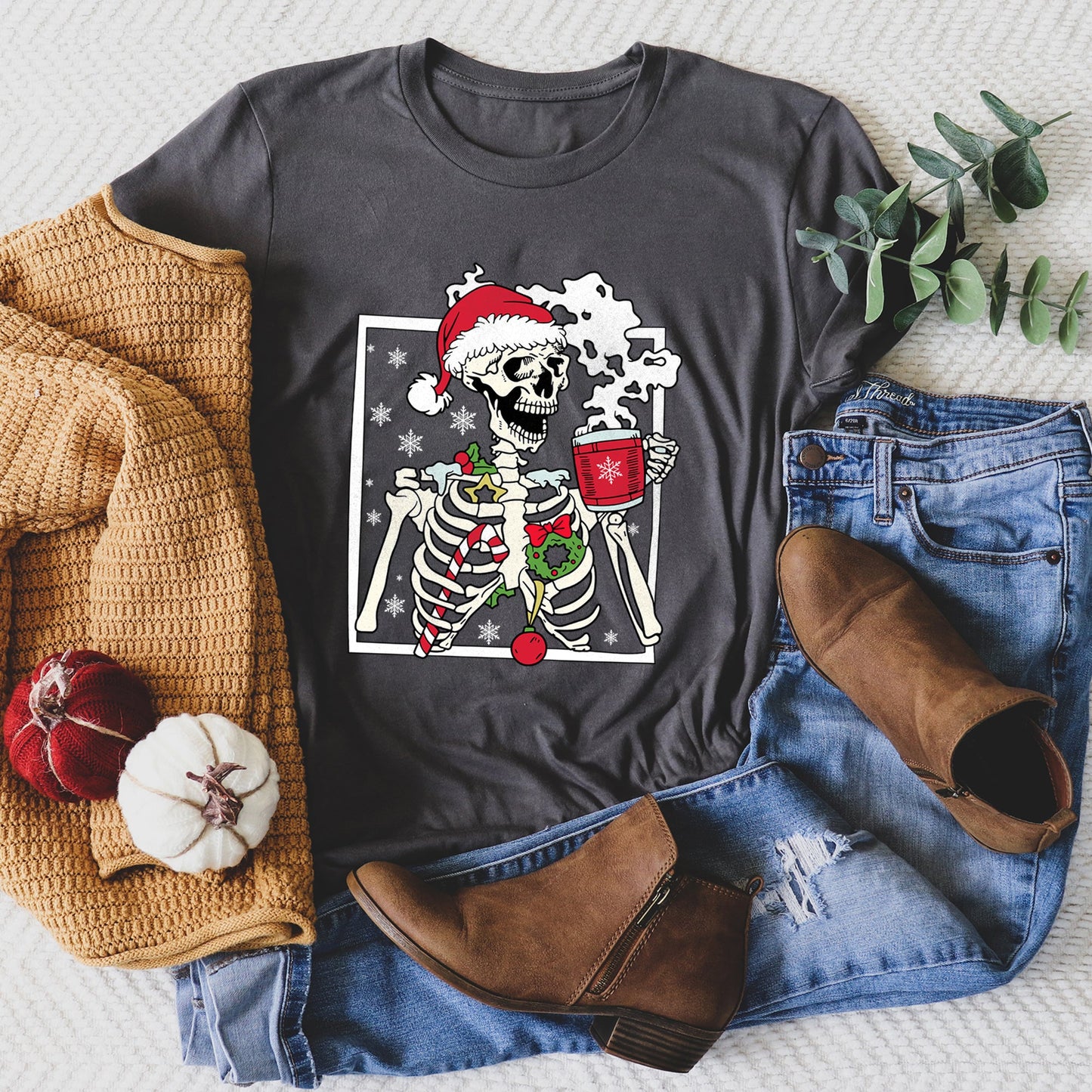 Santa Skeleton Coffee, Retro, Christmas Super Soft Tees