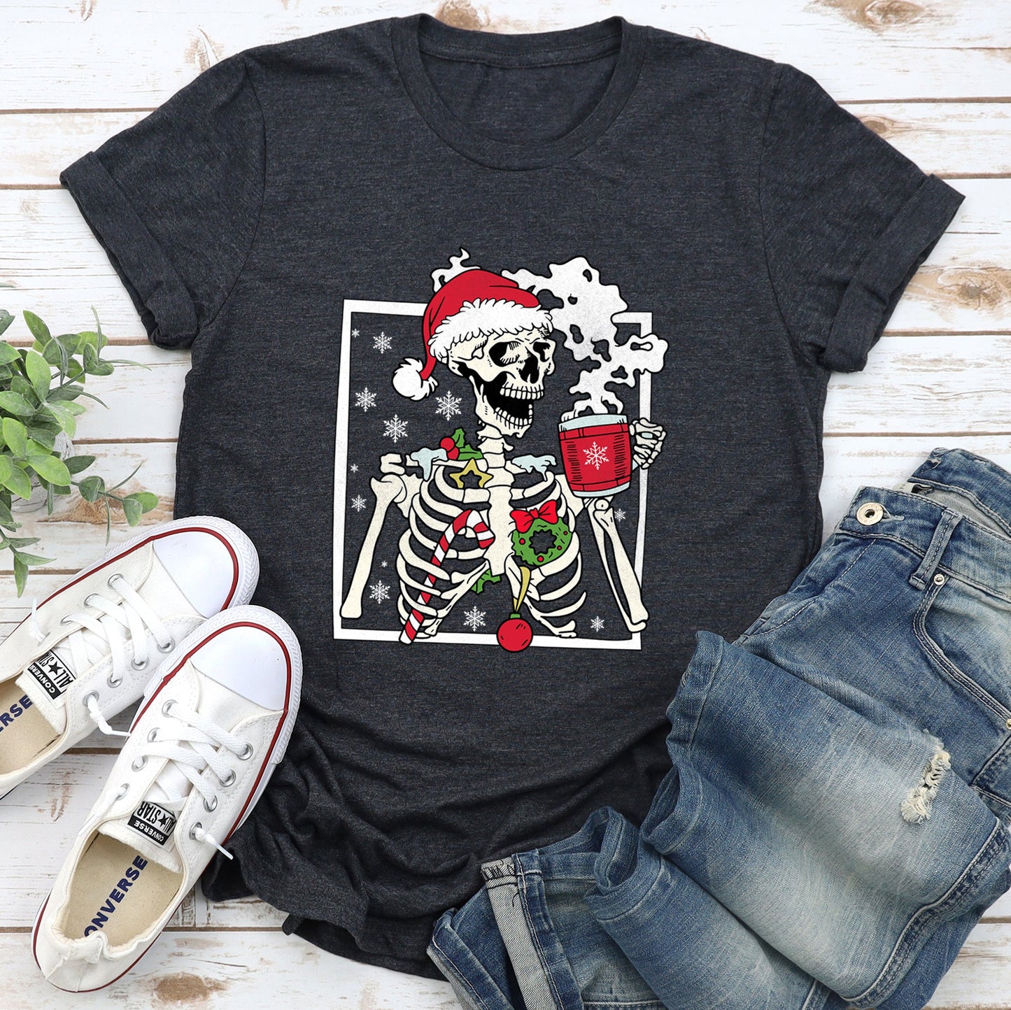 Santa Skeleton Coffee, Retro, Christmas Super Soft Tees