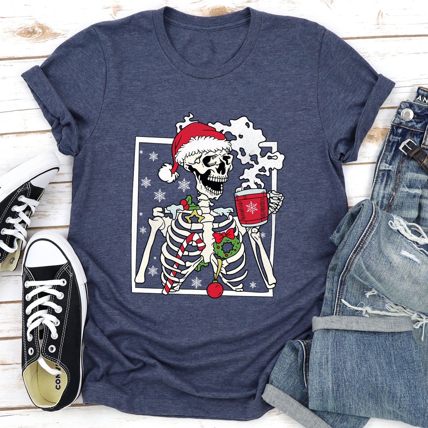 Santa Skeleton Coffee, Retro, Christmas Super Soft Tees