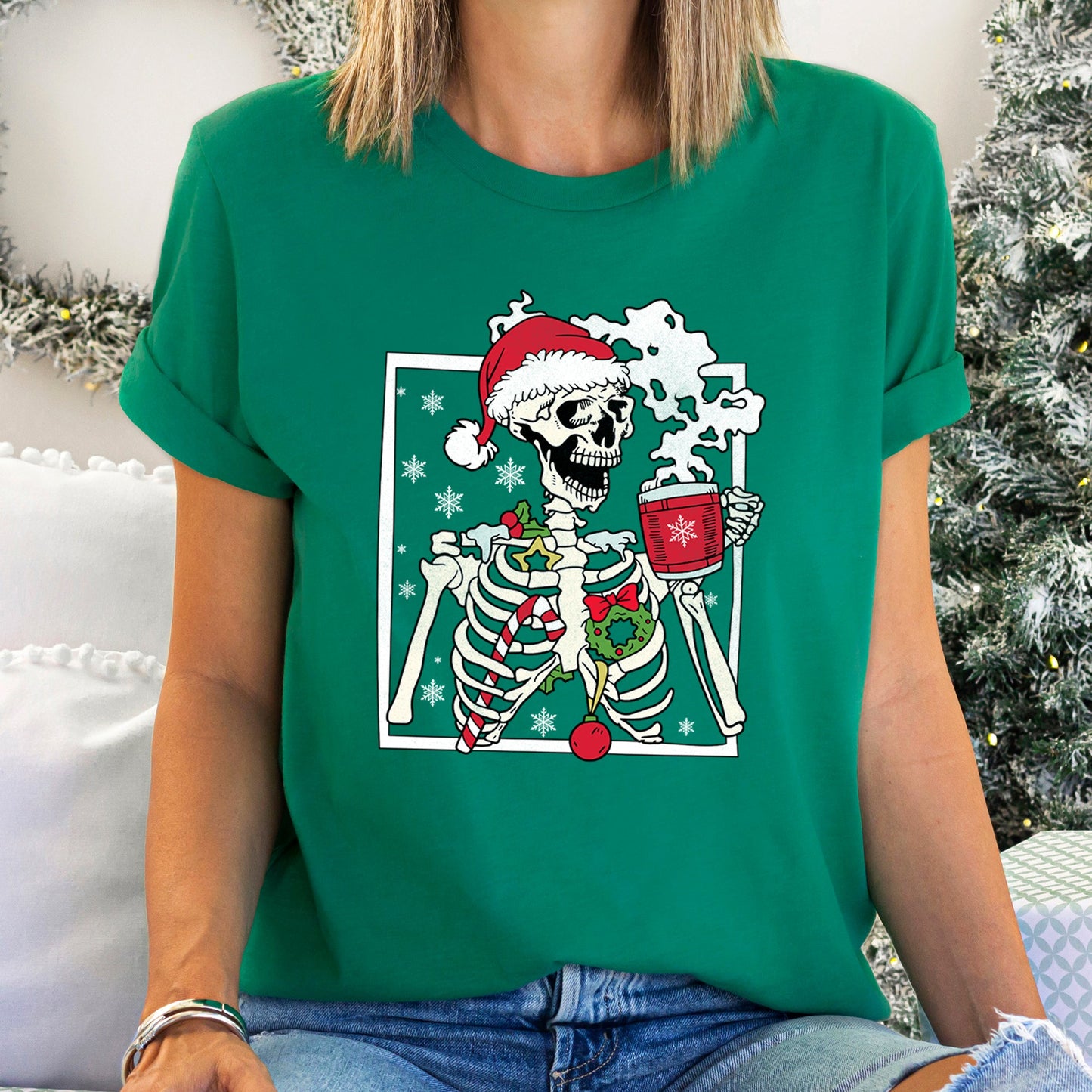 Santa Skeleton Coffee, Retro, Christmas Super Soft Tees