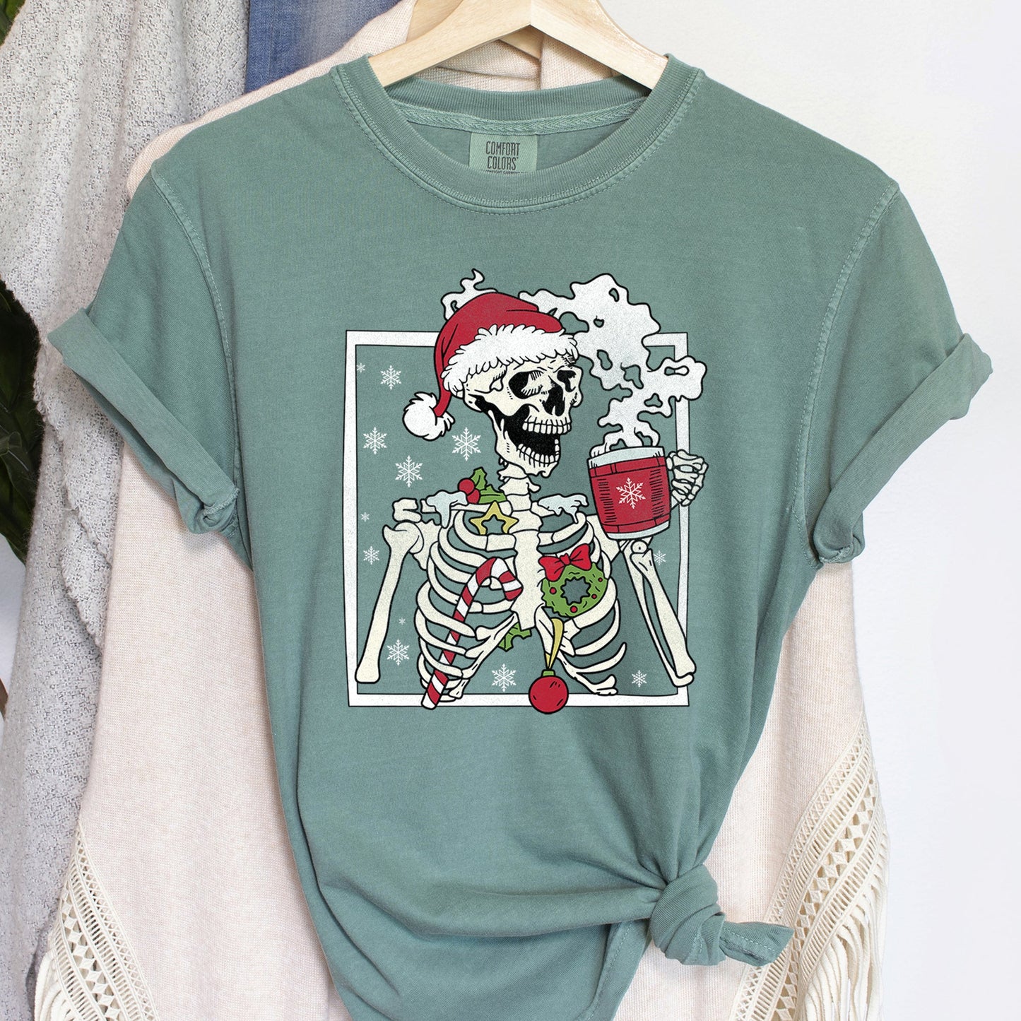 Santa Skeleton Coffee, Retro, Christmas, Comfort Colors Tshirt