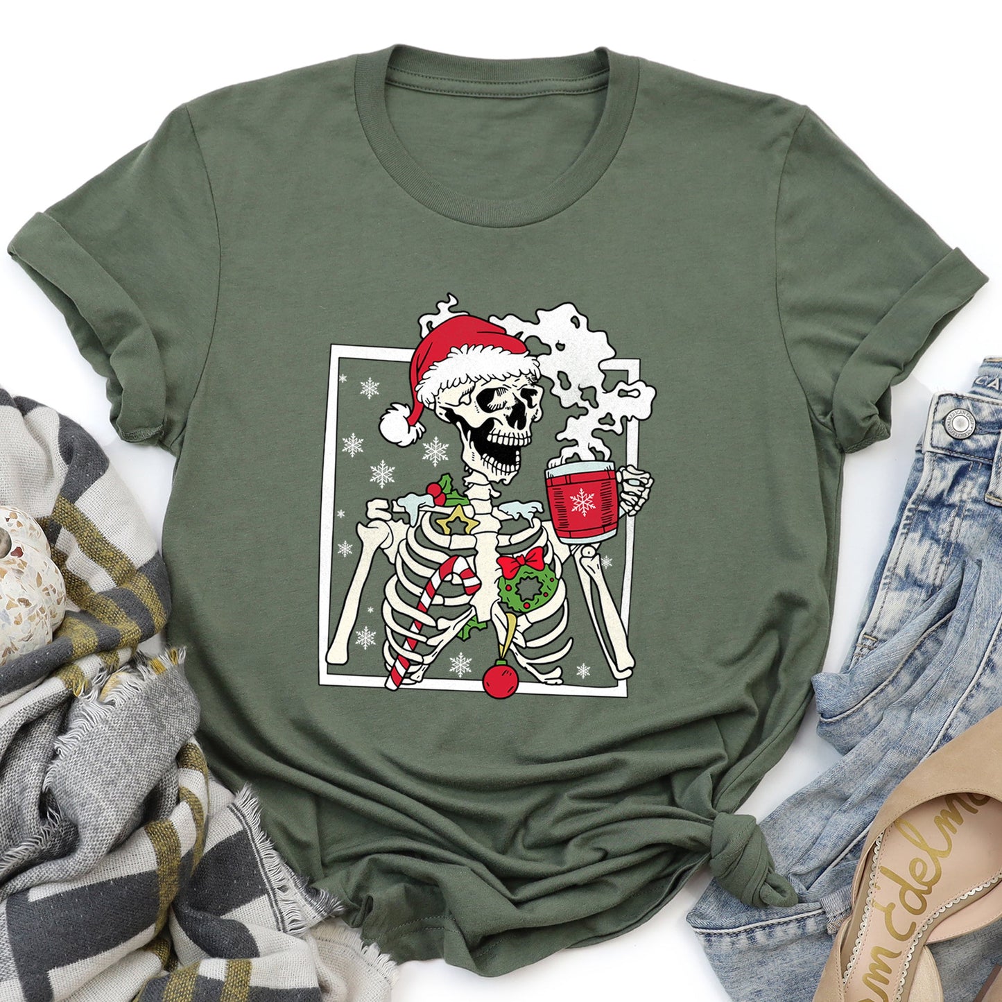 Santa Skeleton Coffee, Retro, Christmas Super Soft Tees