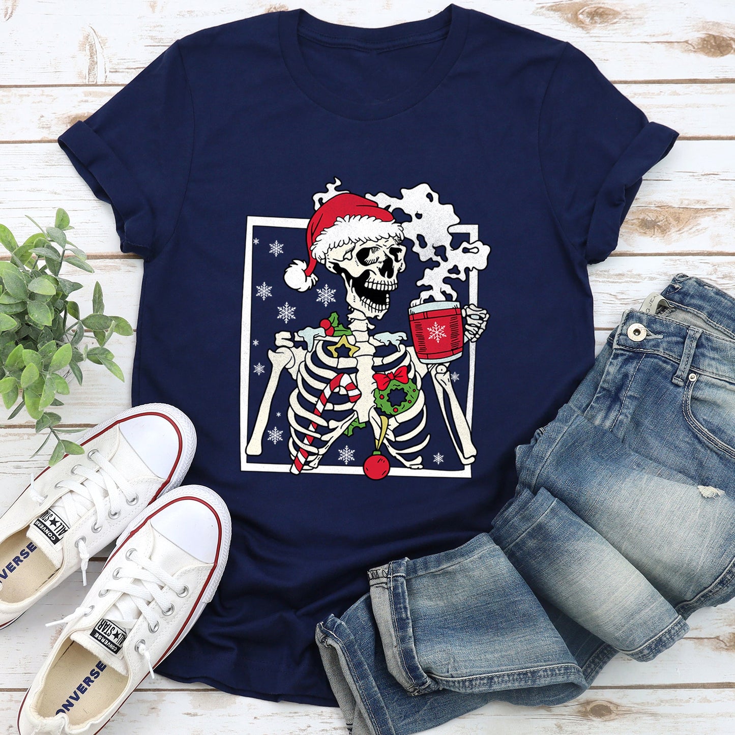 Santa Skeleton Coffee, Retro, Christmas Super Soft Tees