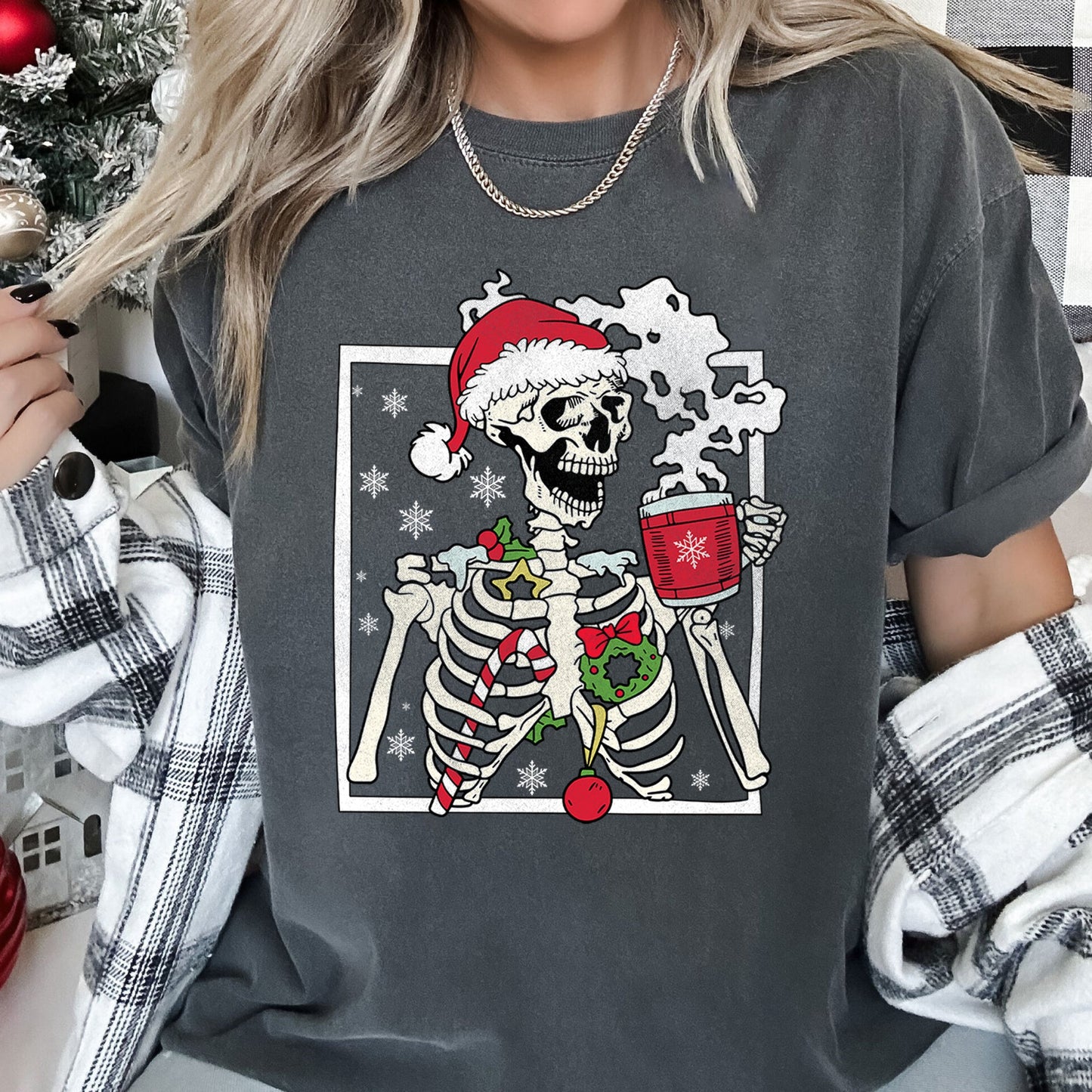 Santa Skeleton Coffee, Retro, Christmas, Comfort Colors Tshirt