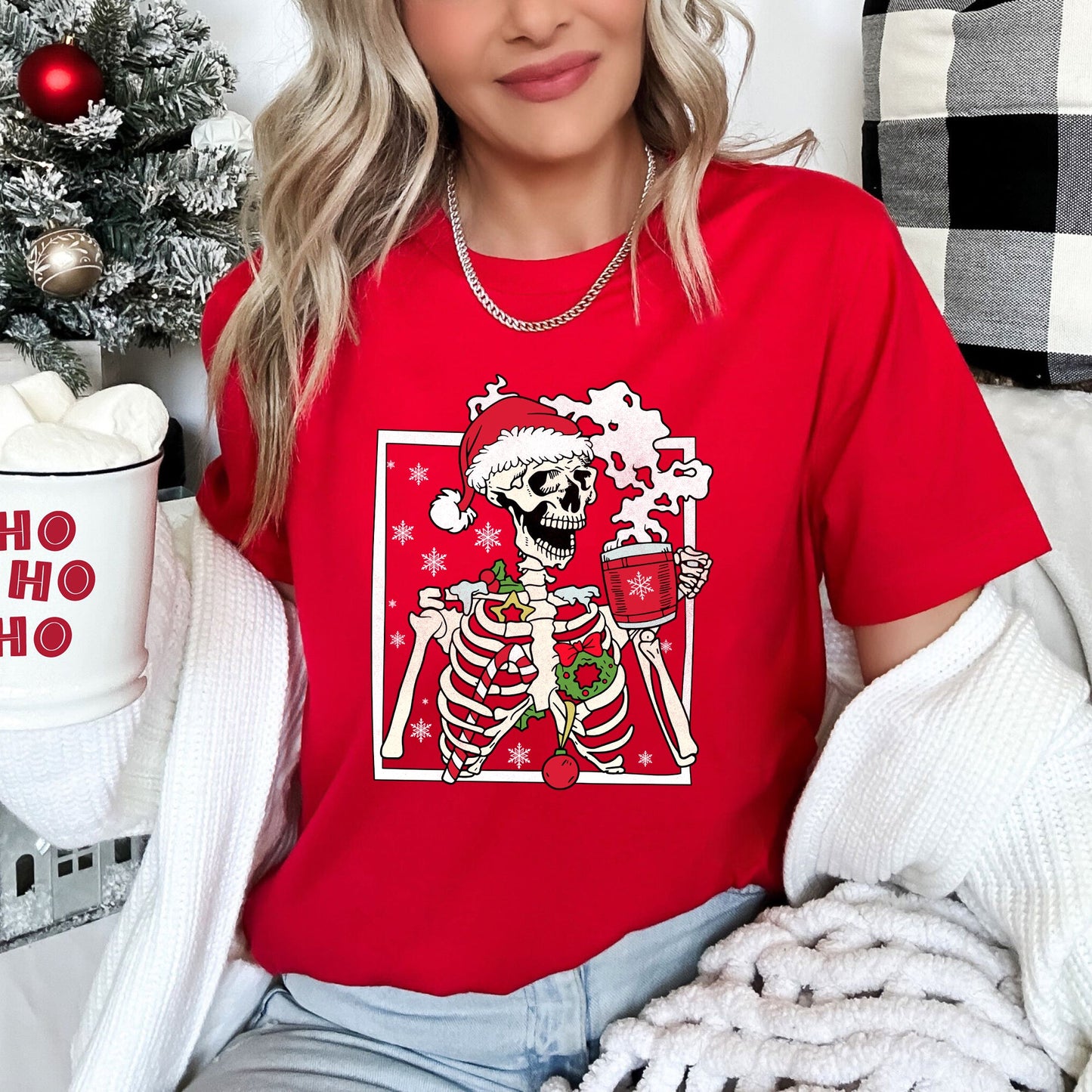 Santa Skeleton Coffee, Retro, Christmas Super Soft Tees