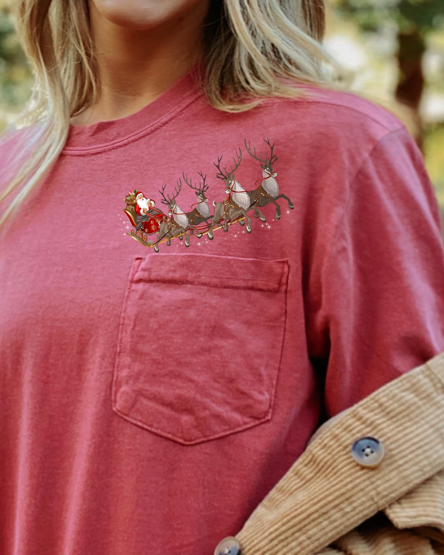 Santa Sleigh, Reindeer, Pocket, Christmas, Snow, Winter, Xmas Pocket Tee Comfort Colors T-Shirt