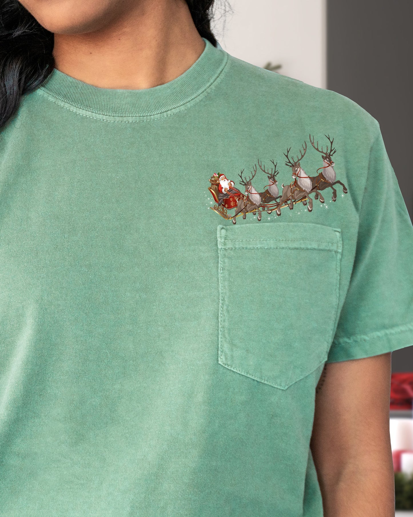 Santa Sleigh, Reindeer, Pocket, Christmas, Snow, Winter, Xmas Pocket Tee Comfort Colors T-Shirt