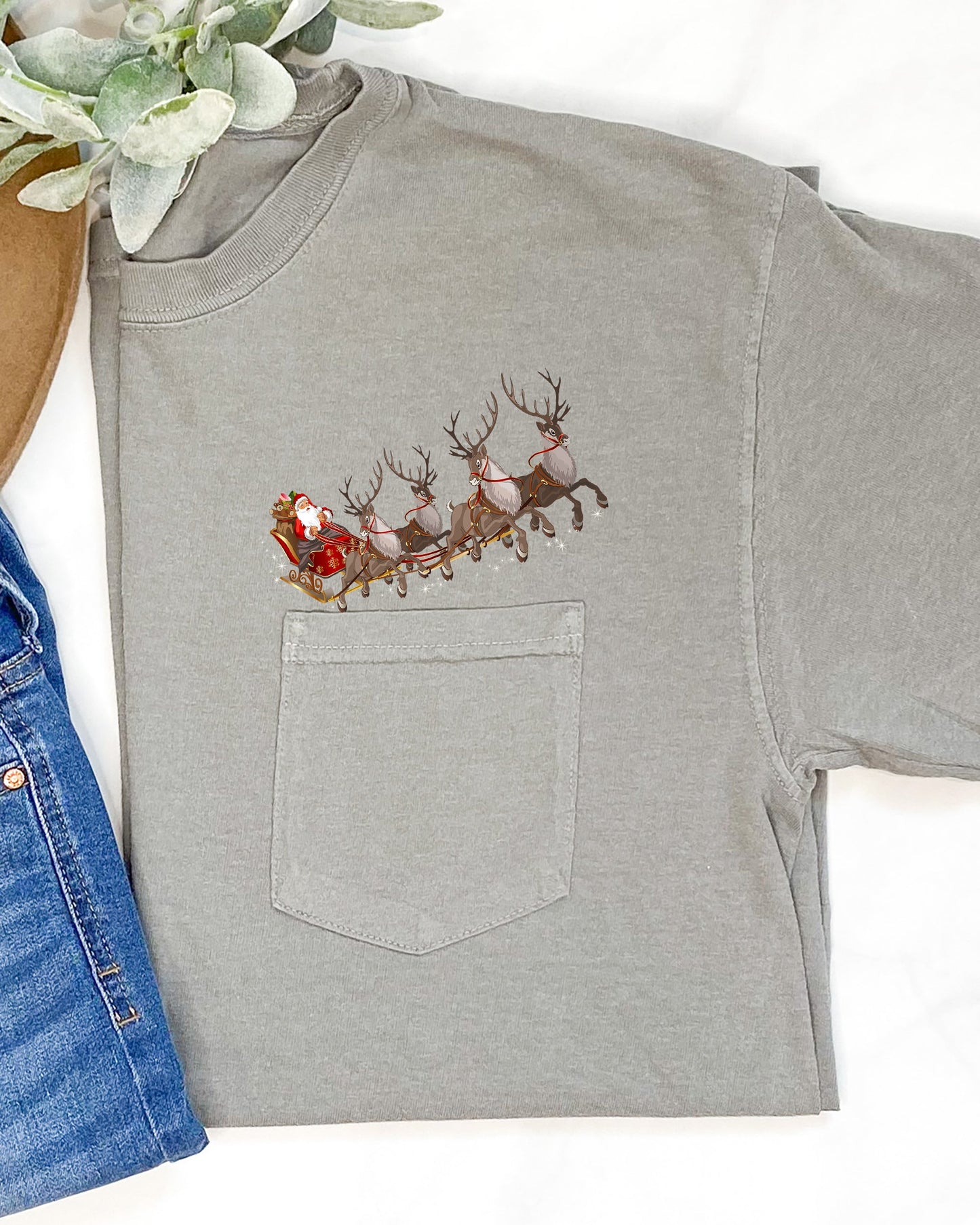 Santa Sleigh, Reindeer, Pocket, Christmas, Snow, Winter, Xmas Pocket Tee Comfort Colors T-Shirt