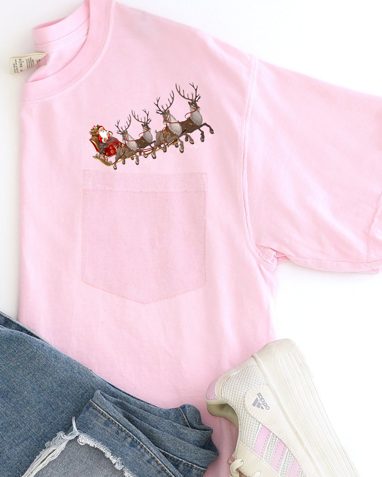 Santa Sleigh, Reindeer, Pocket, Christmas, Snow, Winter, Xmas Pocket Tee Comfort Colors T-Shirt