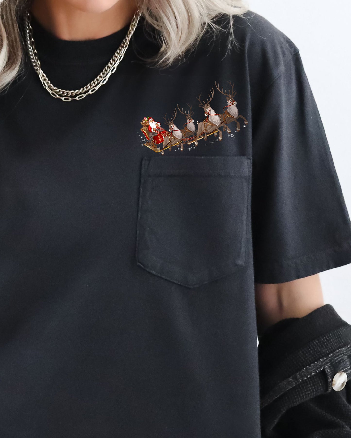 Santa Sleigh, Reindeer, Pocket, Christmas, Snow, Winter, Xmas Pocket Tee Comfort Colors T-Shirt