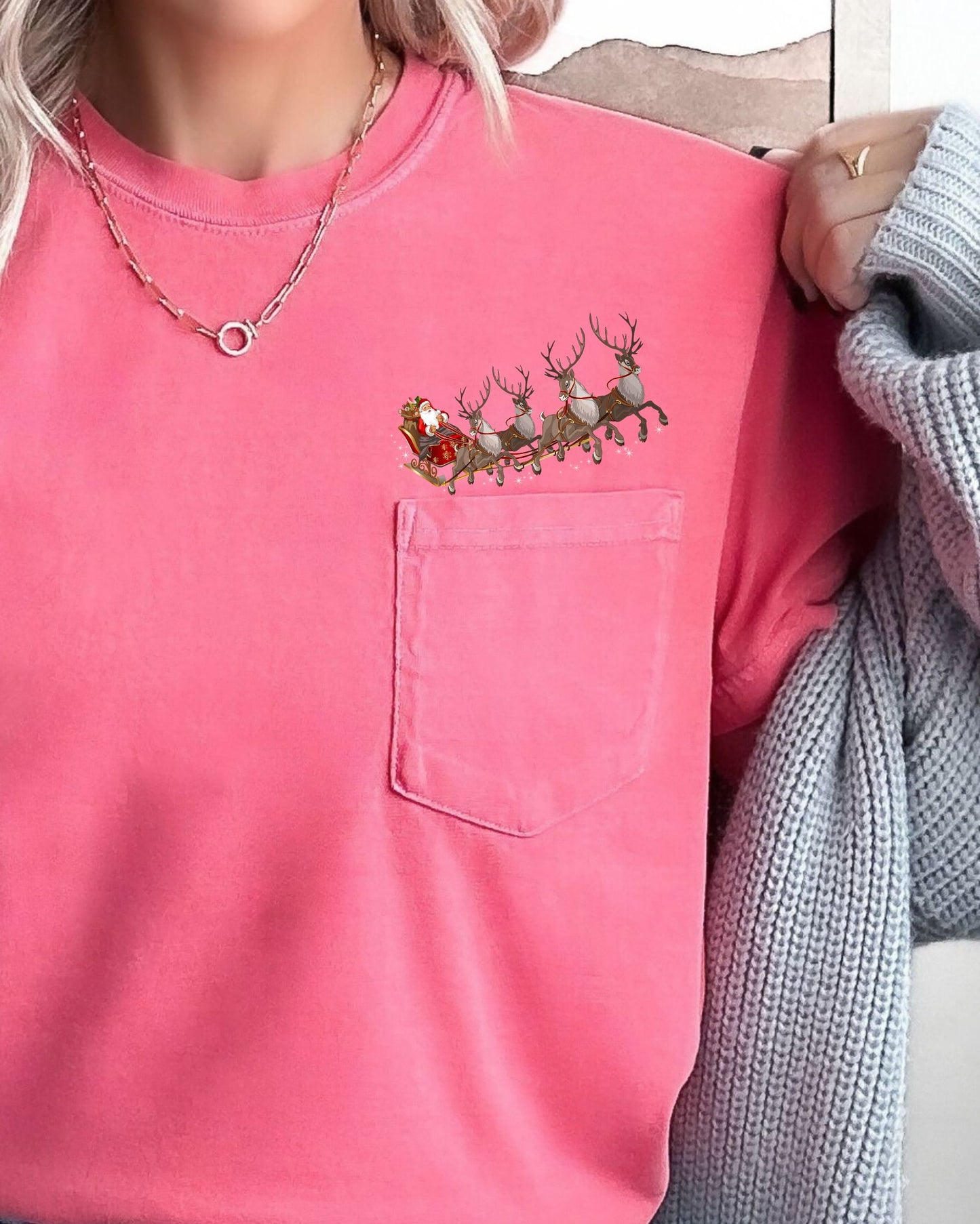 Santa Sleigh, Reindeer, Pocket, Christmas, Snow, Winter, Xmas Pocket Tee Comfort Colors T-Shirt