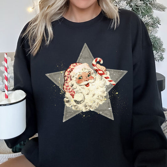 Santa, Retro, Grey Star Sweatshirt