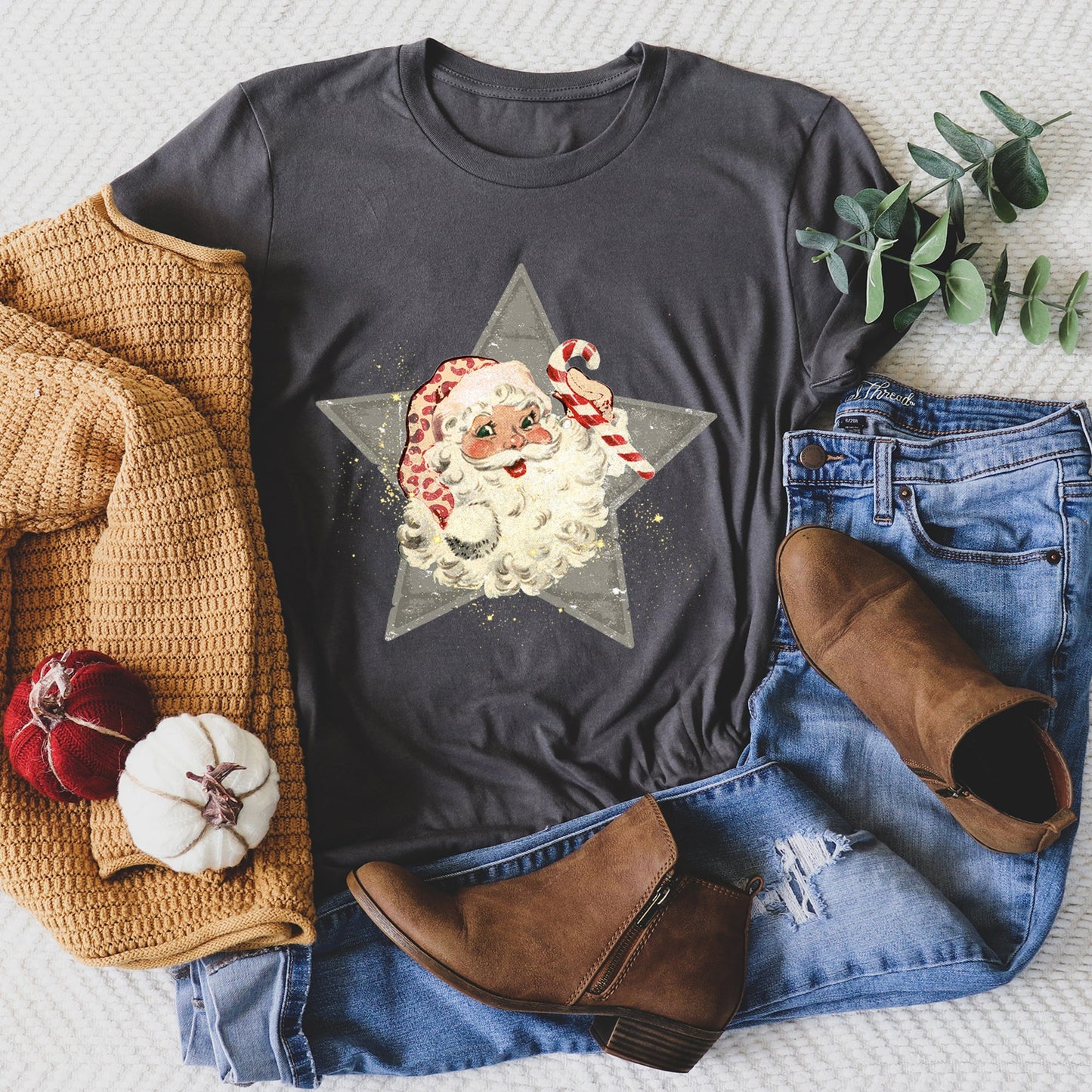 Santa, Retro, Green Star, Candy Cane, Christmas Super Soft Tshirt