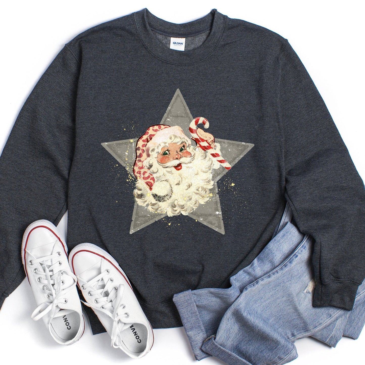 Santa, Retro, Grey Star Sweatshirt