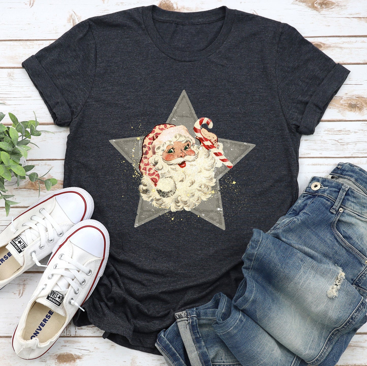 Santa, Retro, Green Star, Candy Cane, Christmas Super Soft Tshirt