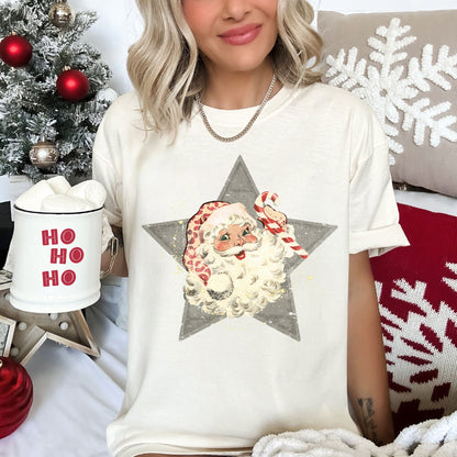 Santa, Retro, Green Star, Candy Cane, Christmas, Comfort Colors Tshirt