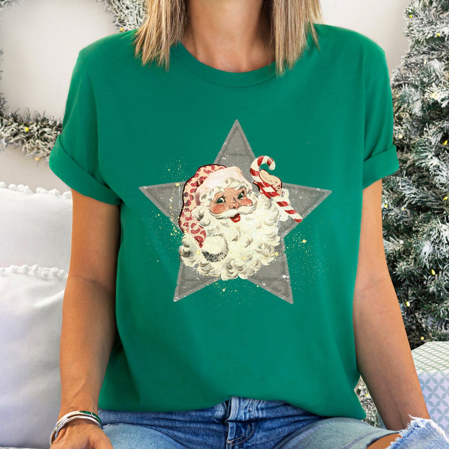 Santa, Retro, Green Star, Candy Cane, Christmas Super Soft Tshirt