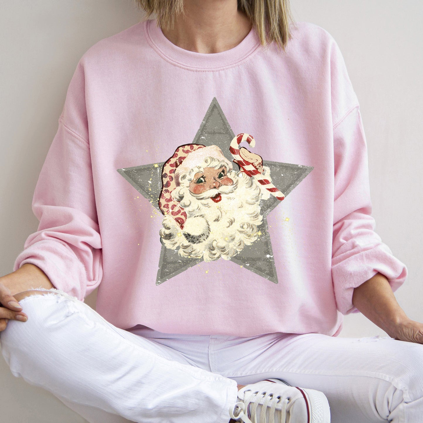 Santa, Retro, Grey Star Sweatshirt