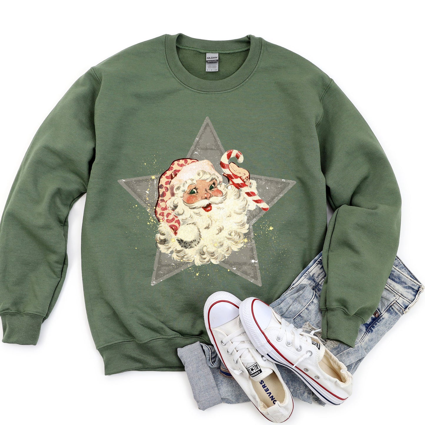 Santa, Retro, Grey Star Sweatshirt