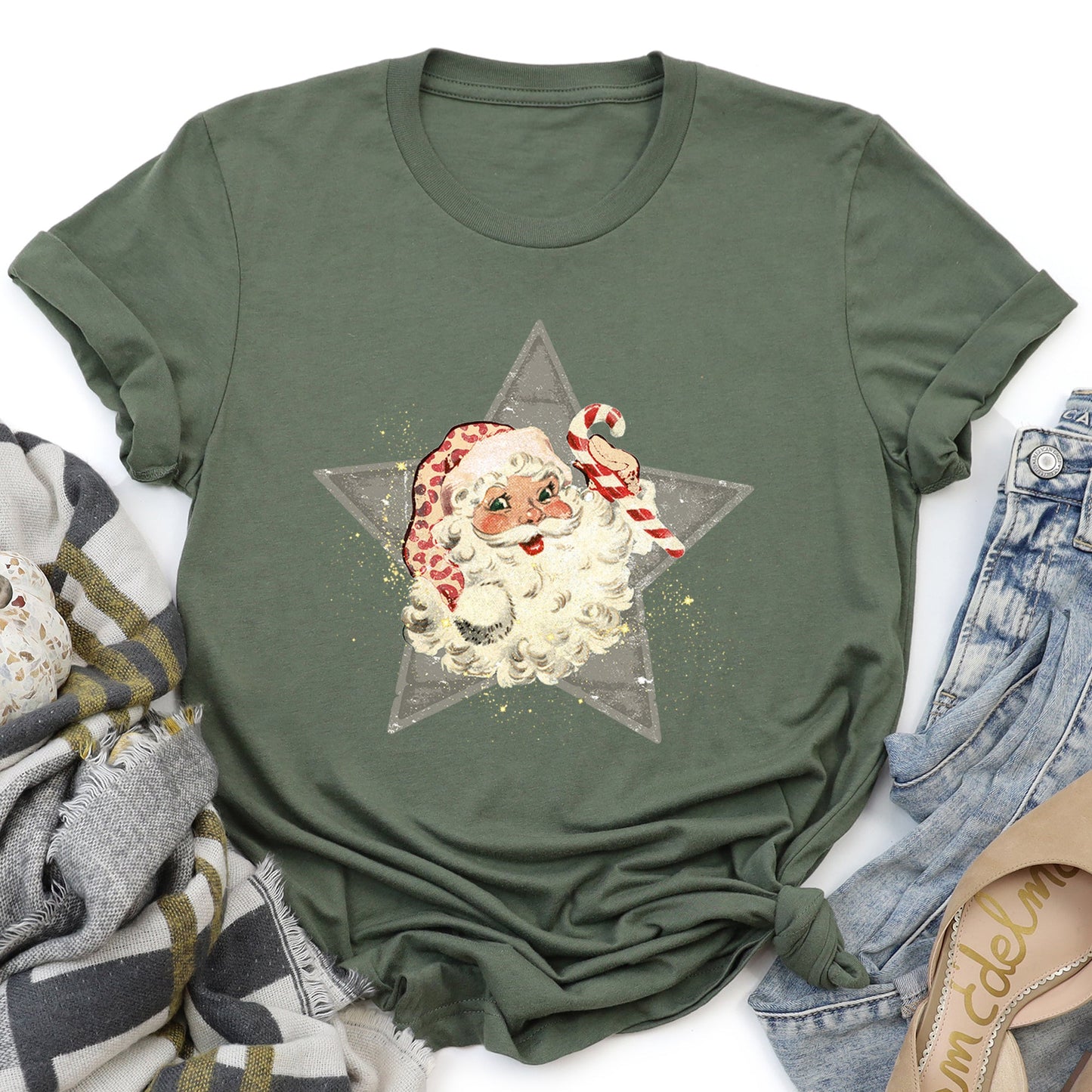 Santa, Retro, Green Star, Candy Cane, Christmas Super Soft Tshirt