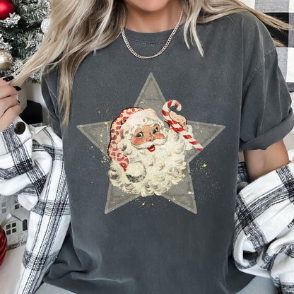 Santa, Retro, Green Star, Candy Cane, Christmas, Comfort Colors Tshirt