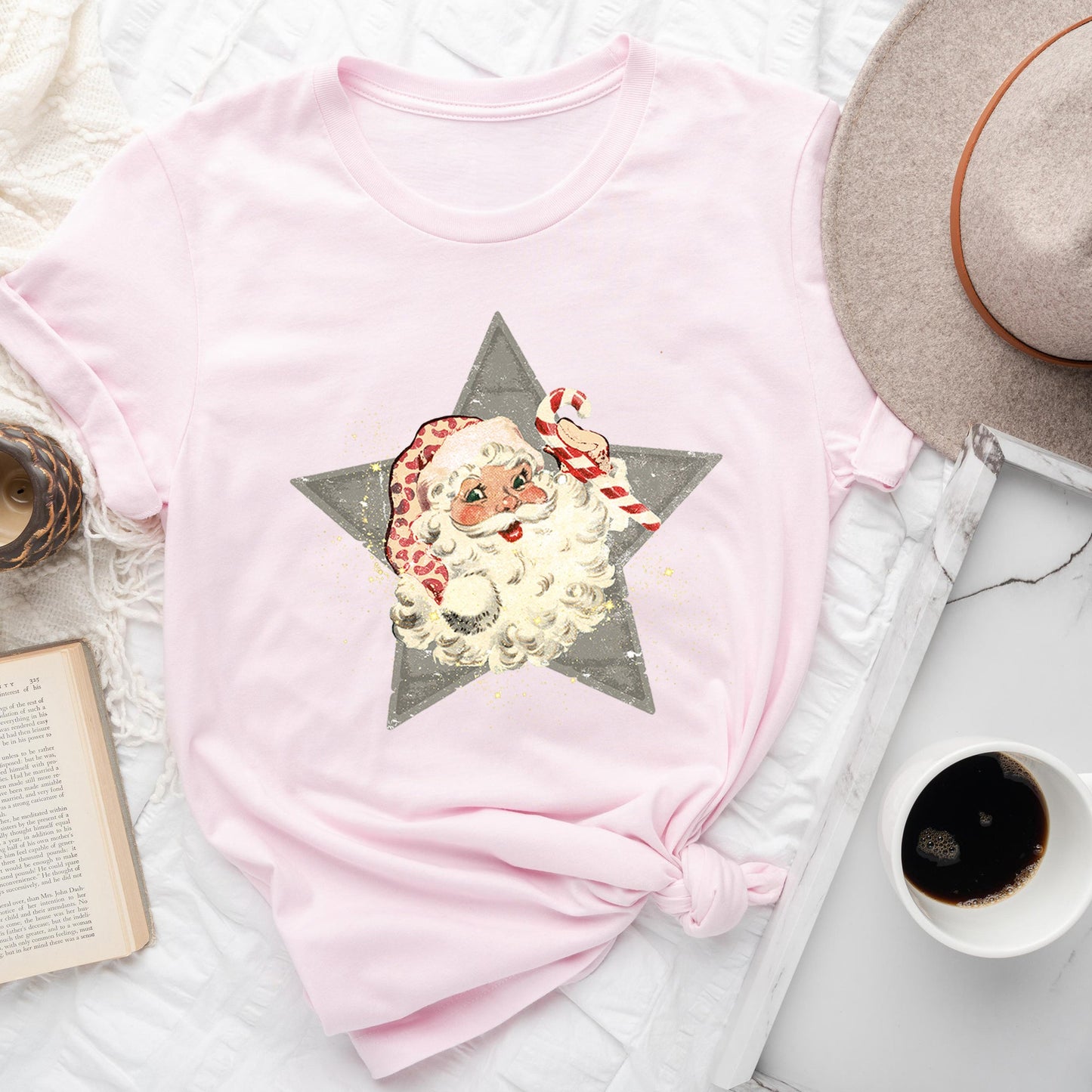 Santa, Retro, Green Star, Candy Cane, Christmas Super Soft Tshirt