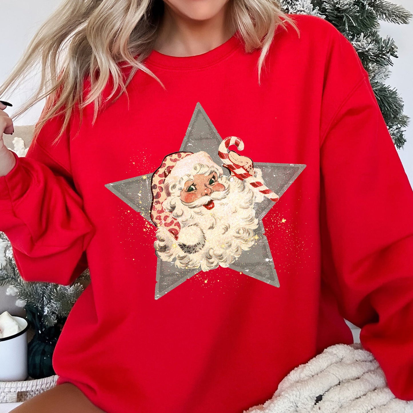 Santa, Retro, Grey Star Sweatshirt