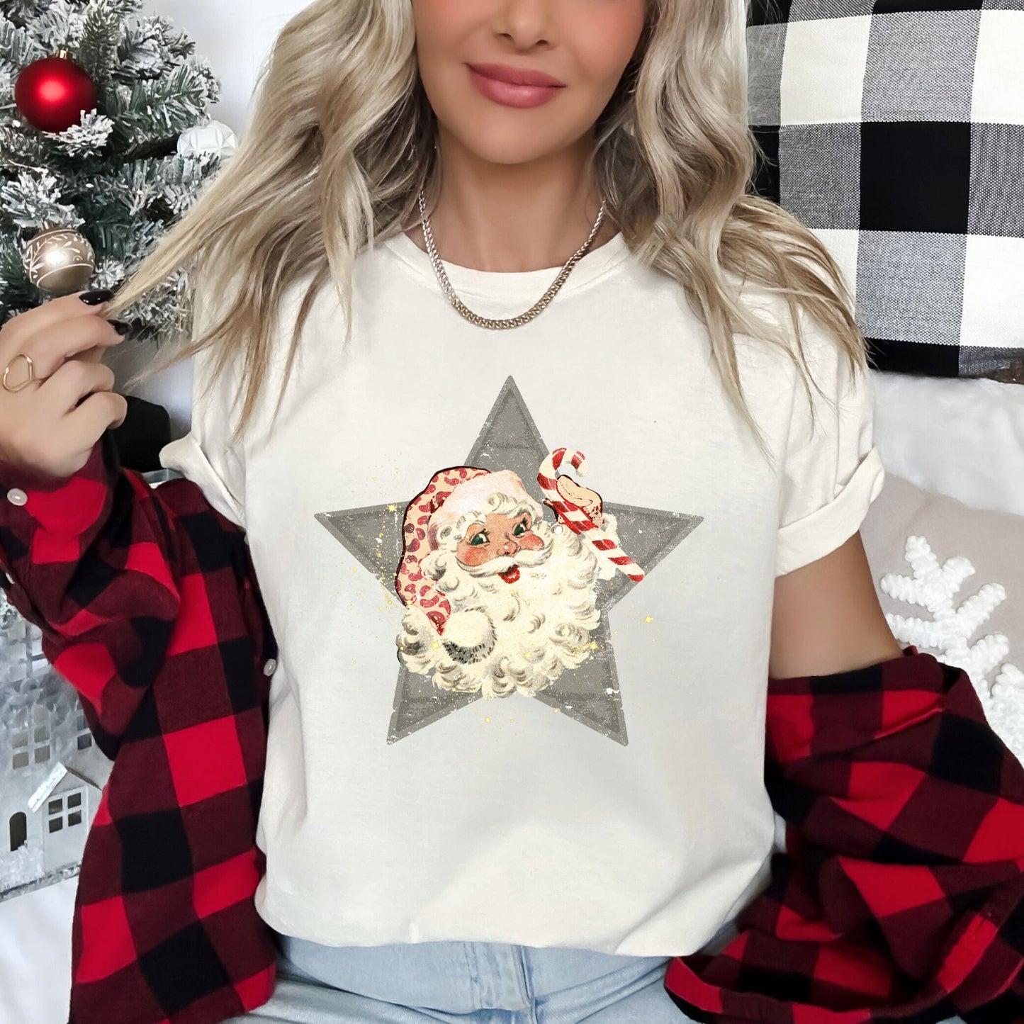 Santa, Retro, Green Star, Candy Cane, Christmas Super Soft Tshirt