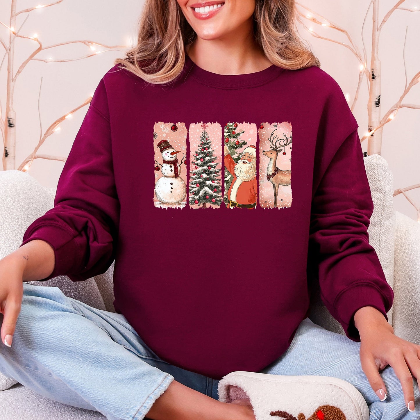 Santa, Snowman, Reindeer, Christmas Tree, Retro Sweatshirt