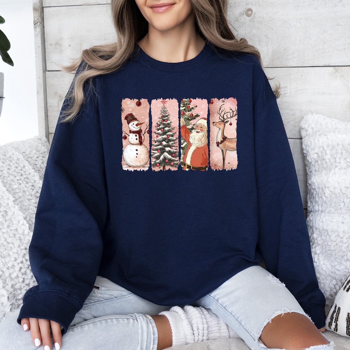 Santa, Snowman, Reindeer, Christmas Tree, Retro Sweatshirt