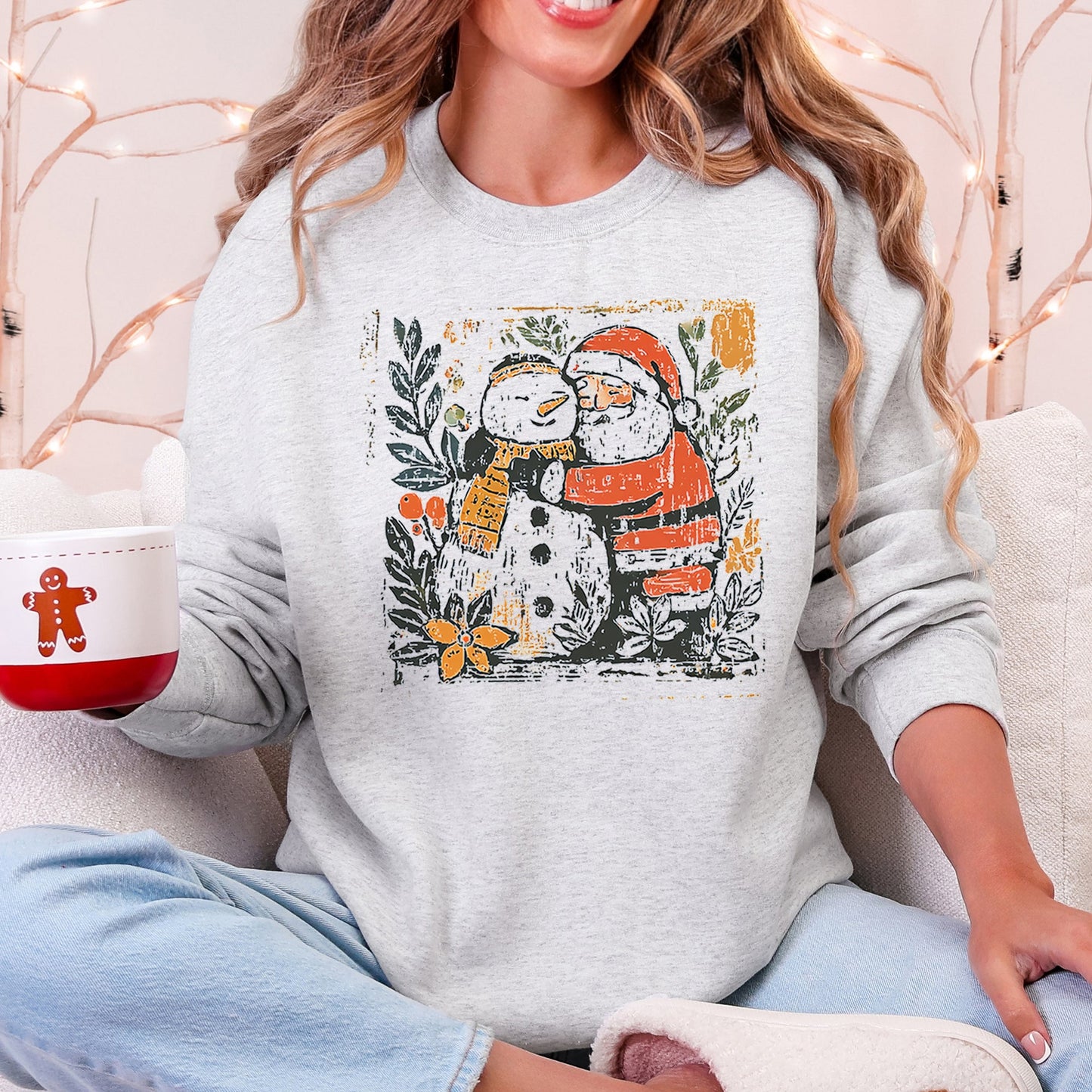Santa and Snowman, Christmas, Vintage, Retro, Sketched, Cute Sweatshirt