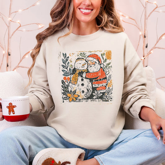 Santa and Snowman, Christmas, Vintage, Retro, Sketched, Cute Sweatshirt