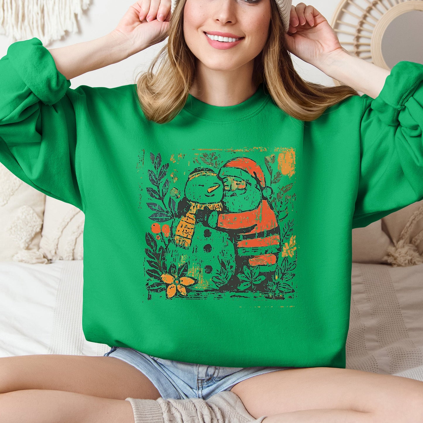 Santa and Snowman, Christmas, Vintage, Retro, Sketched, Cute Sweatshirt