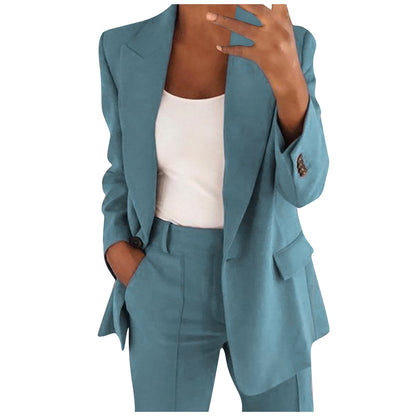 Solid Women's Blazer Coat Notched Long Sleeve Cardigan Button Casual Jacket for Office Ladies