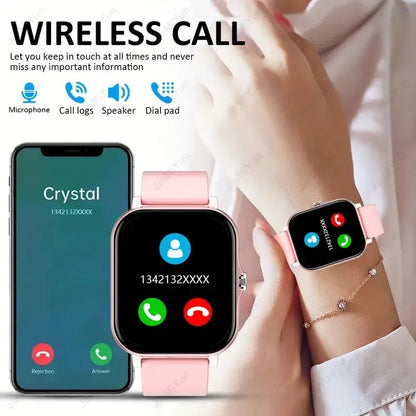 Smartwatch and phone displaying call interface with text 'Wireless Call' and features listed.
