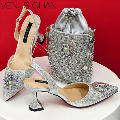 Women Shoes and Bag Set With Rhinestone Handbag