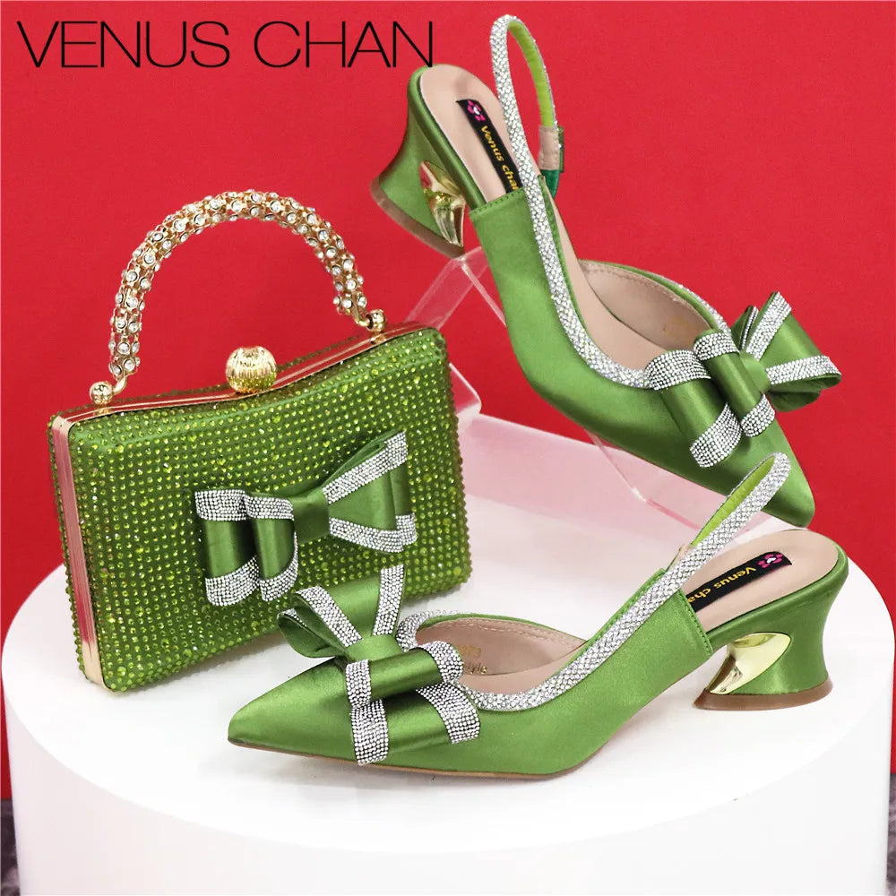 Med Heel Shoes for Women Italian Design Shoes and Bag Set