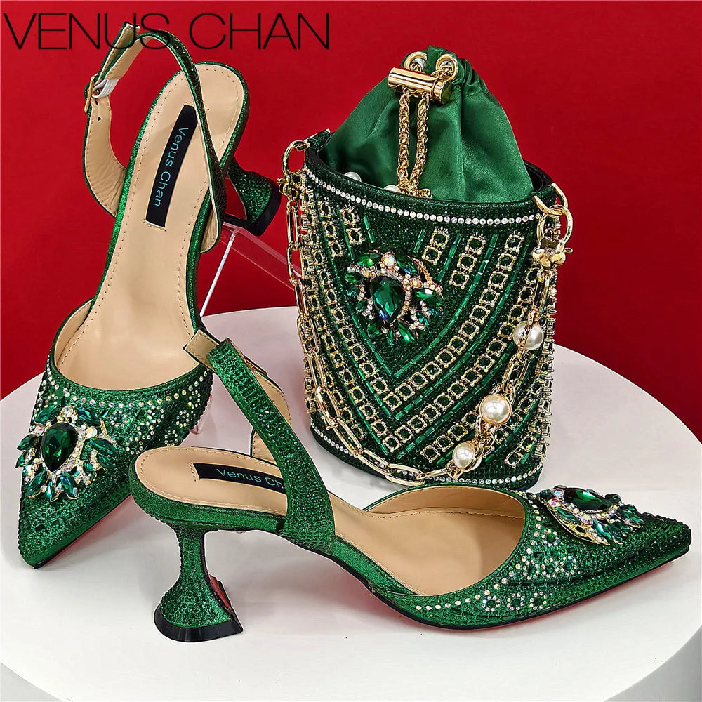 Women Shoes and Bag Set With Rhinestone Handbag