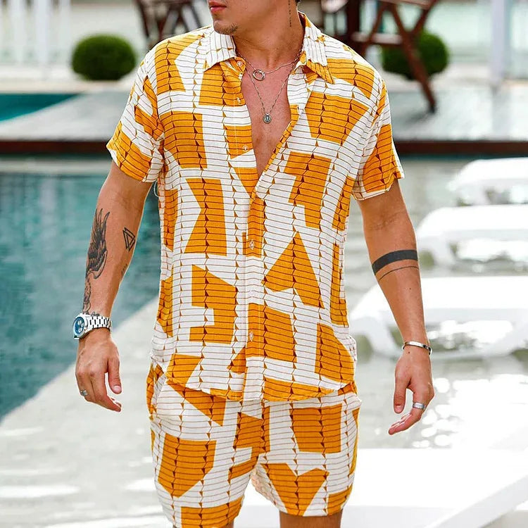 Men Beach Shirt Sets Retro Ethnic Style