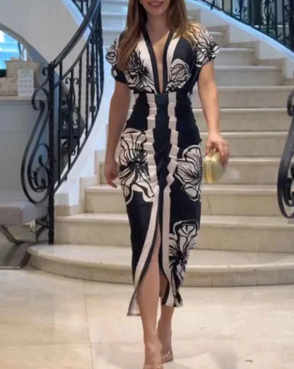 Women Elegant Floral Midi Dress V Neck Short Sleeve Ruched Casual Waist Slit Midi Dress