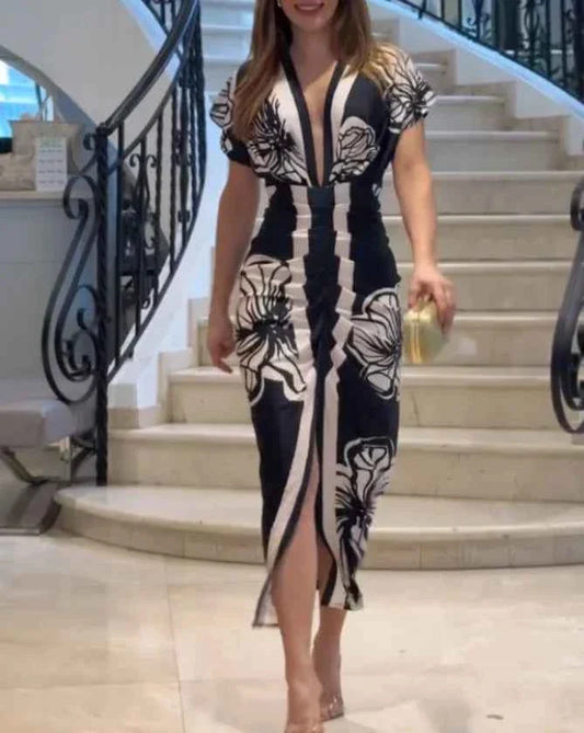 Women Elegant Floral Midi Dress V Neck Short Sleeve Ruched Casual Waist Slit Midi Dress