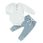Baby Boy 2 Piece Outfit Solid Color Ribbed Button Long Sleeve Rompers and Elastic Pants Fall Spring Clothes